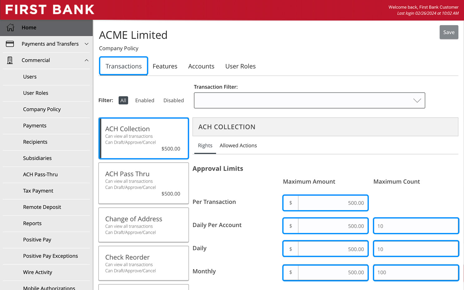 First Bank online banking screen highlighting the ACH Collections items and associated fields.