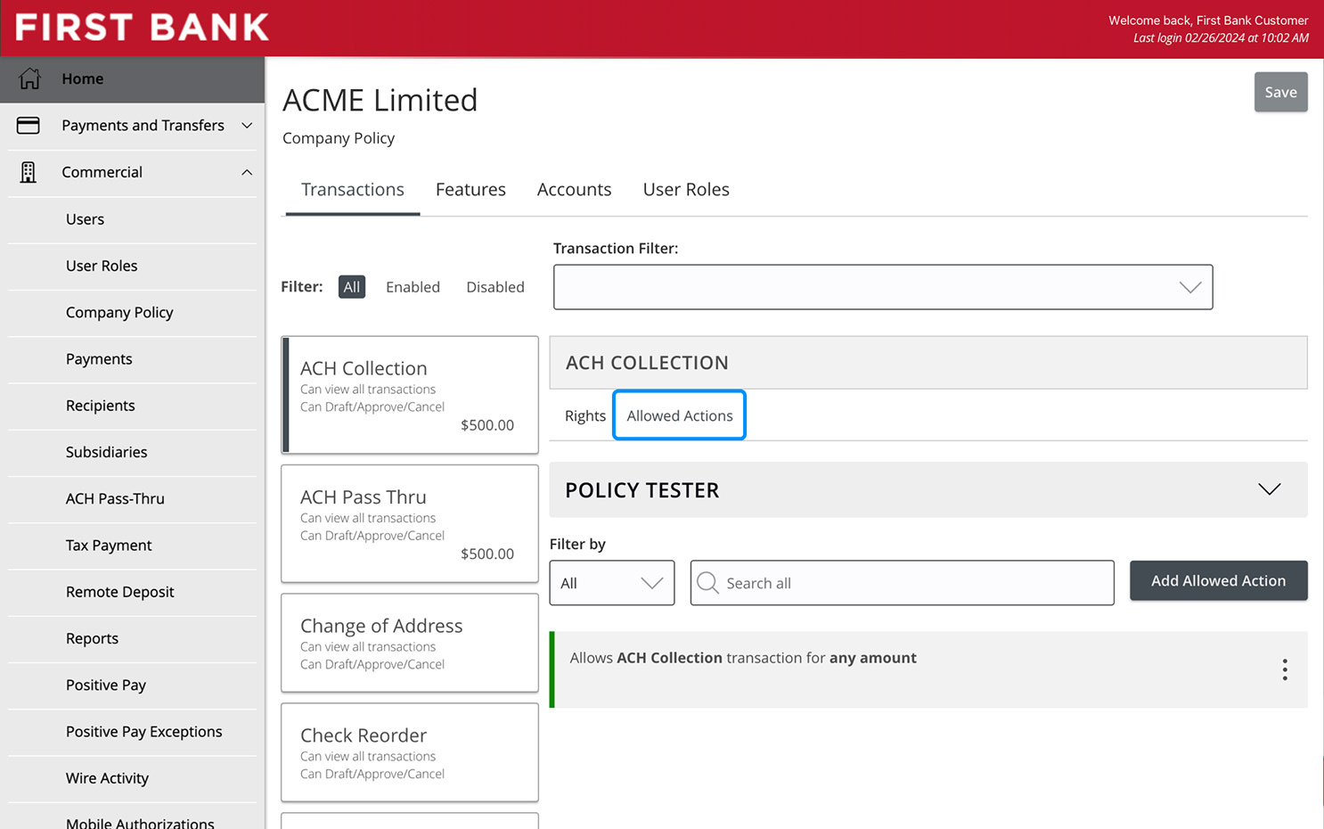 First Bank online banking screen highlighting the Allowed Actions tab.