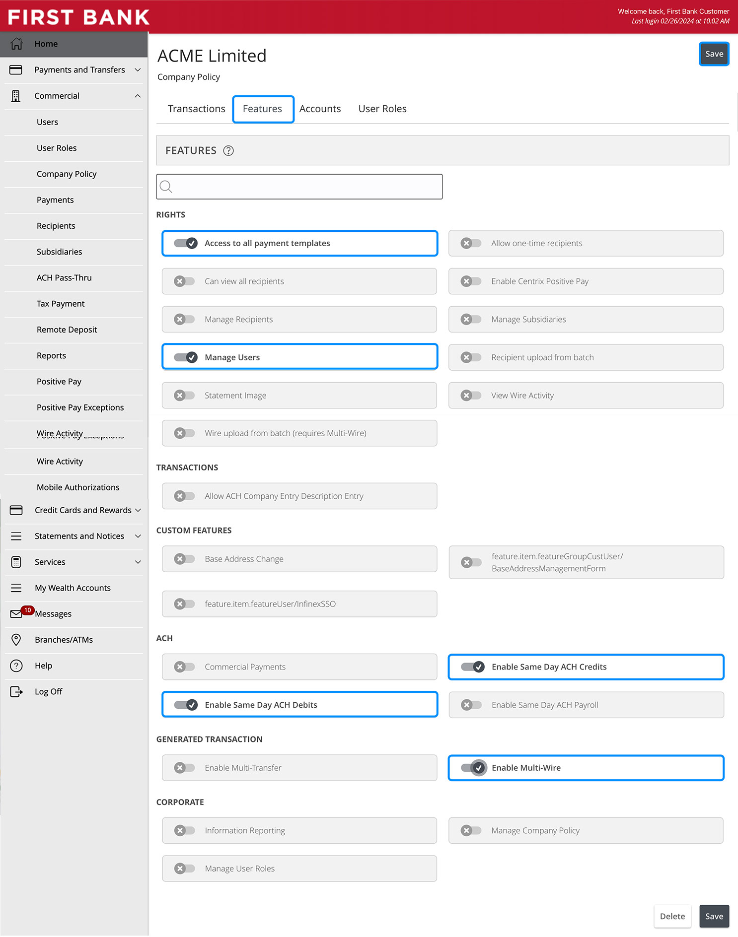 First Bank online banking screen highlighting the various options under the Features tab.