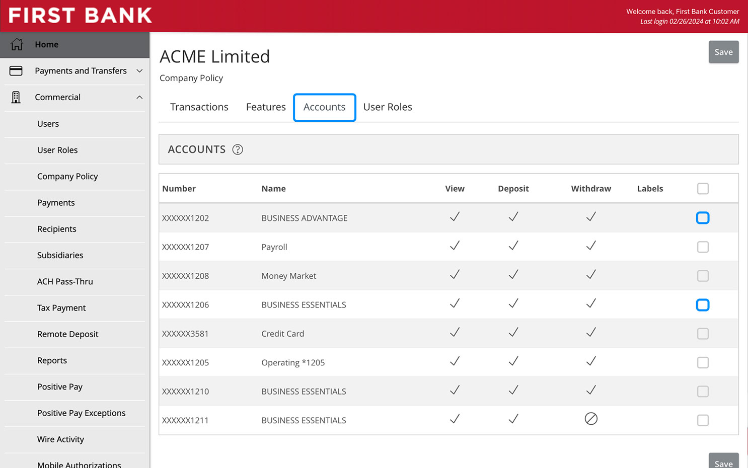 First Bank online banking screen highlighting the Accounts tab.