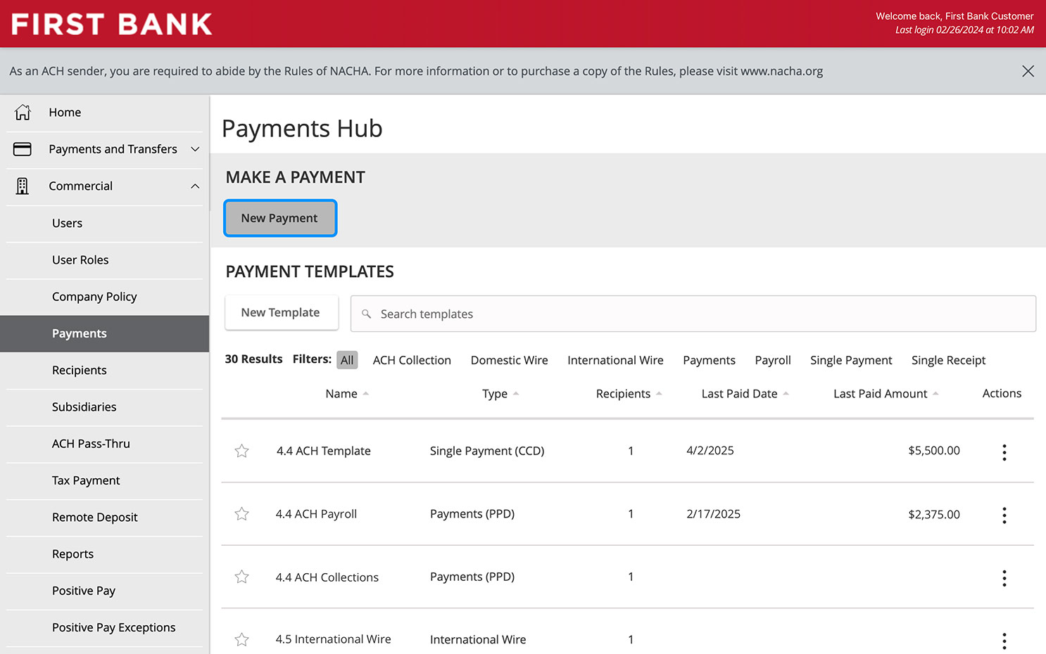 First Bank online banking screen highlighting the New Payment button.