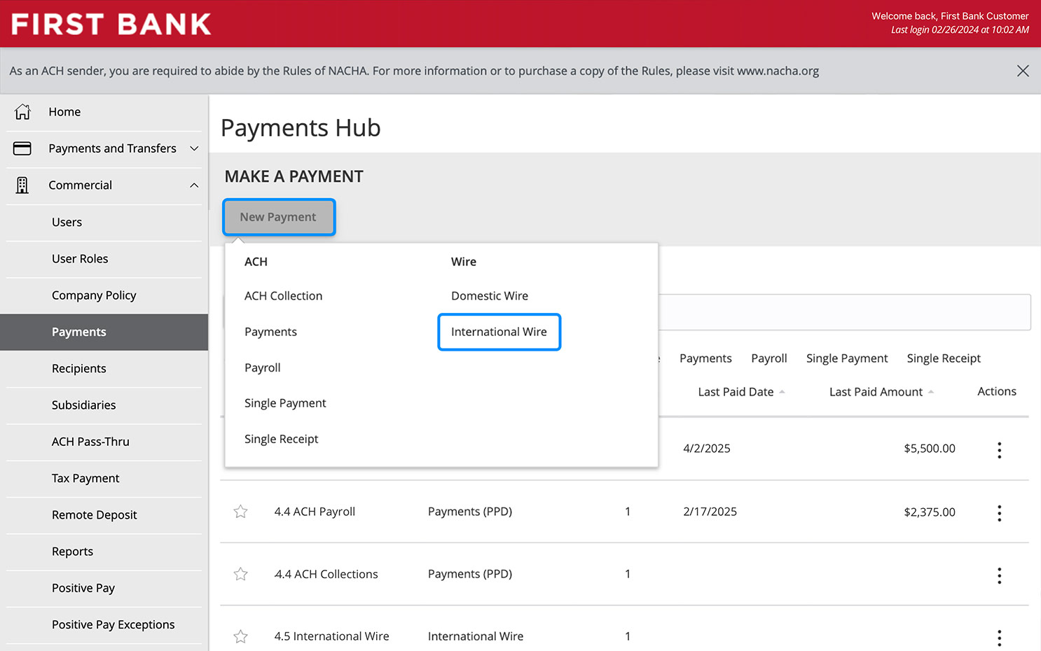 First Bank online banking screen highlighting the International Wire menu option.