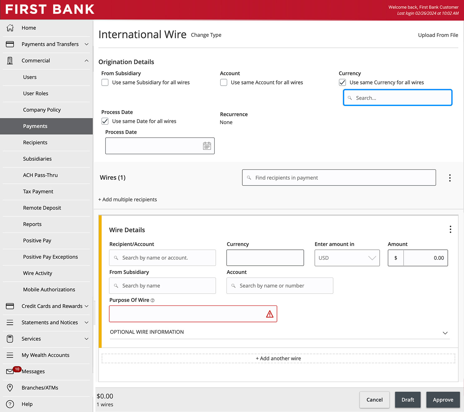 First Bank online banking screen highlighting the Currency field.