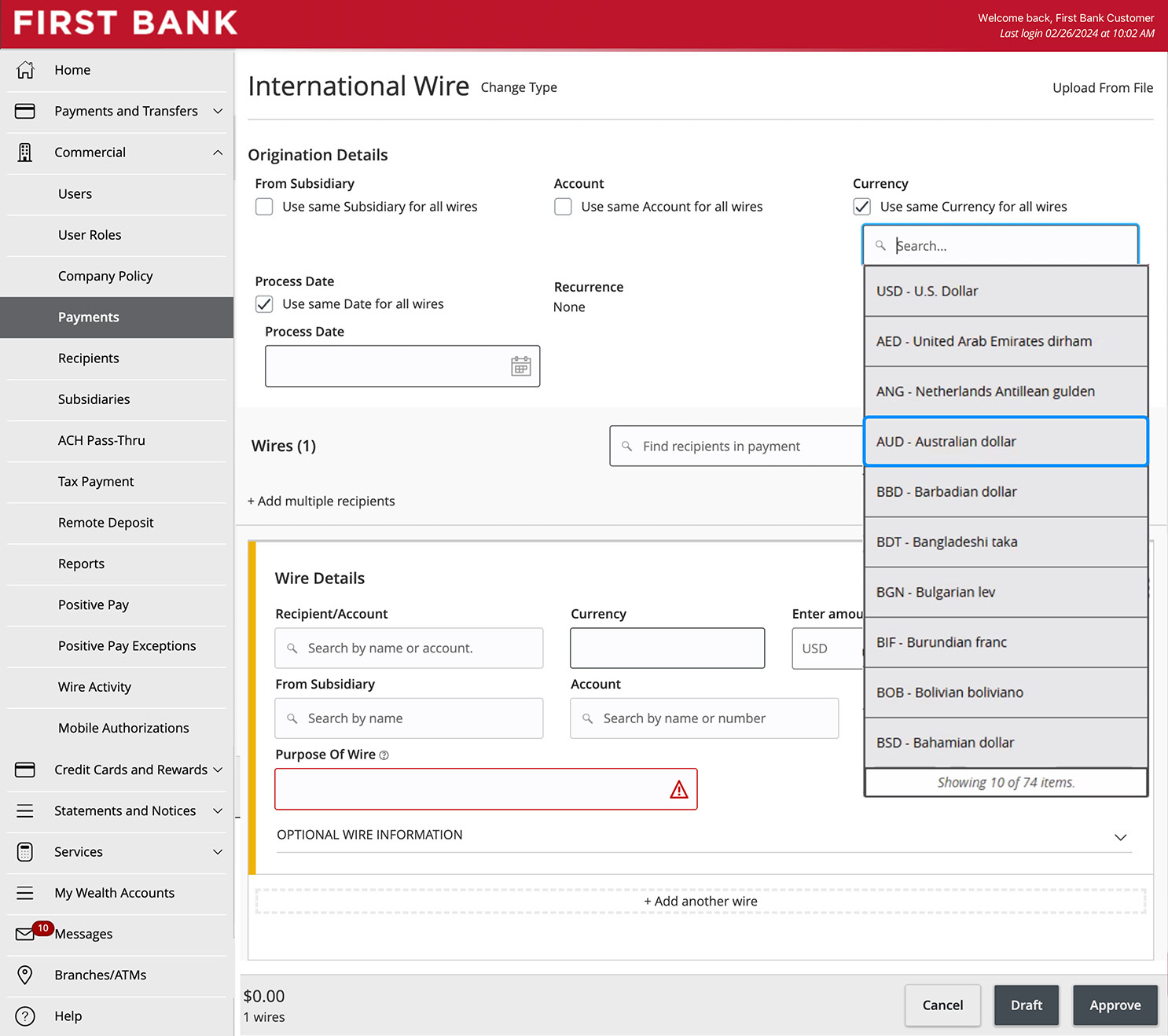 First Bank online banking screen showing the Currency field drop down.