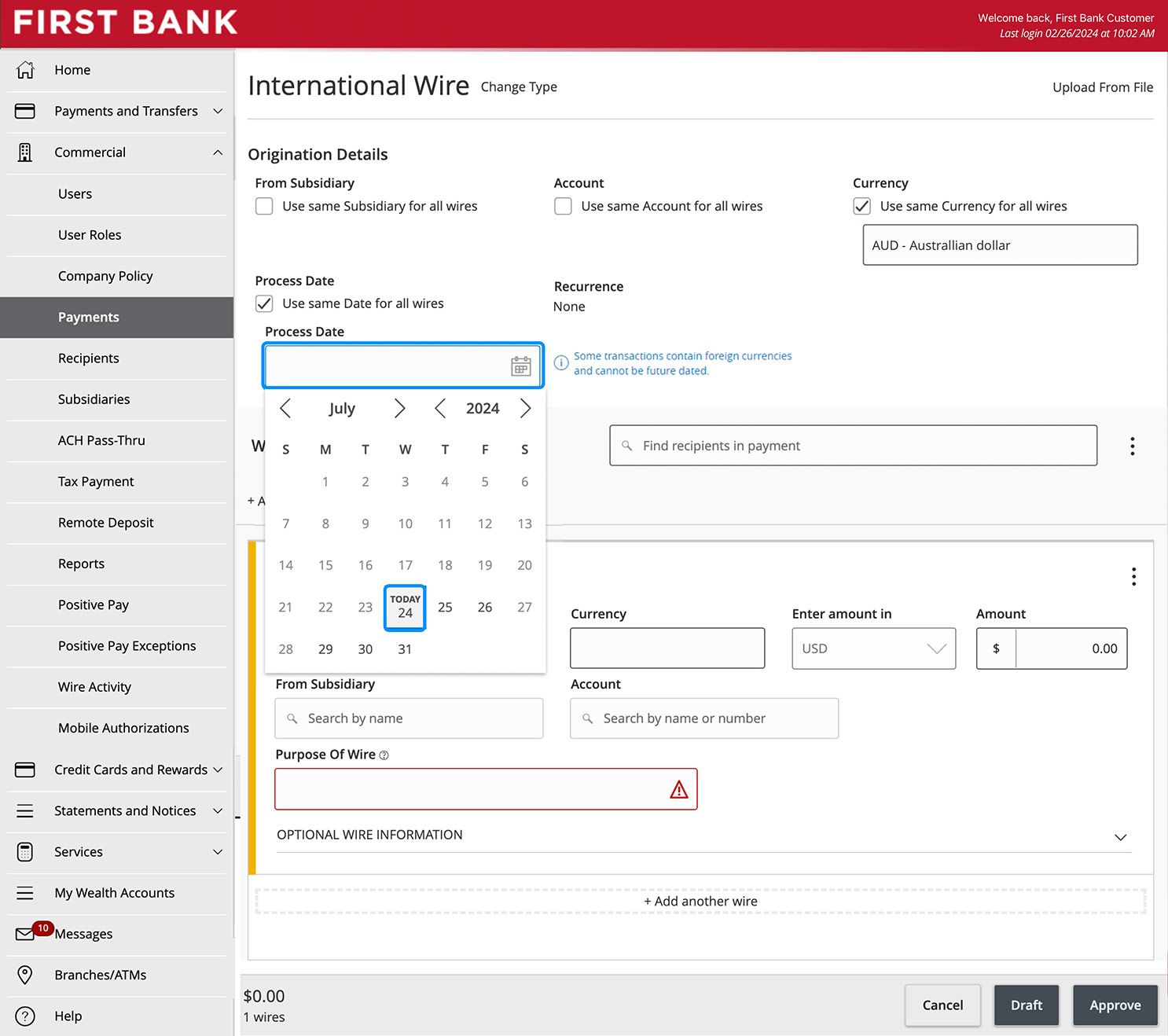 First Bank online banking screen showing the Process Date date picker.