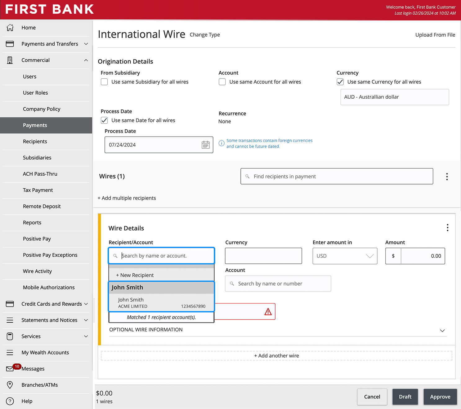 First Bank online banking screen showing the Recipient/Account field drop down.