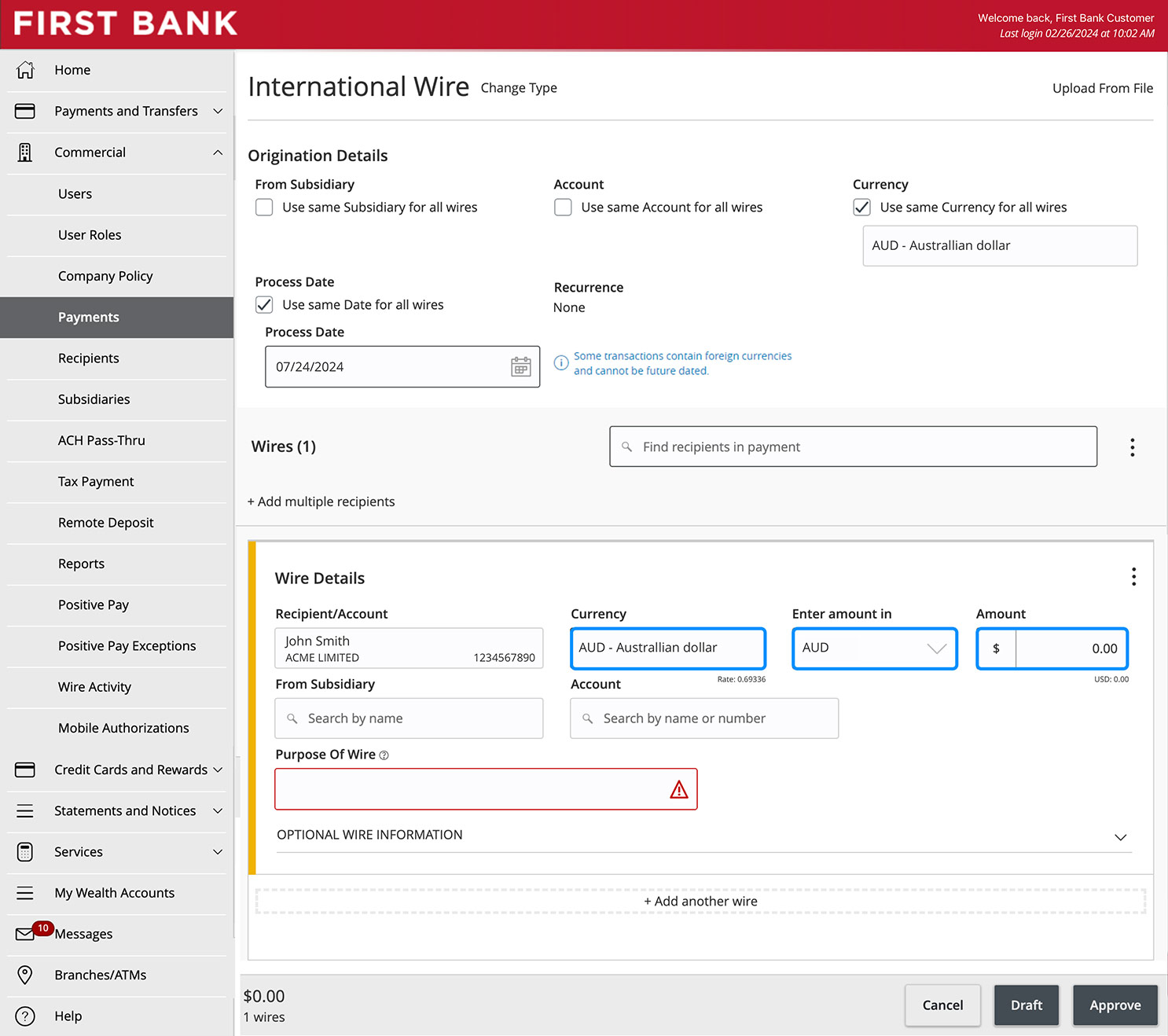 First Bank online banking screen highlighting the Currency, Enter Amount In, and Amount fields.