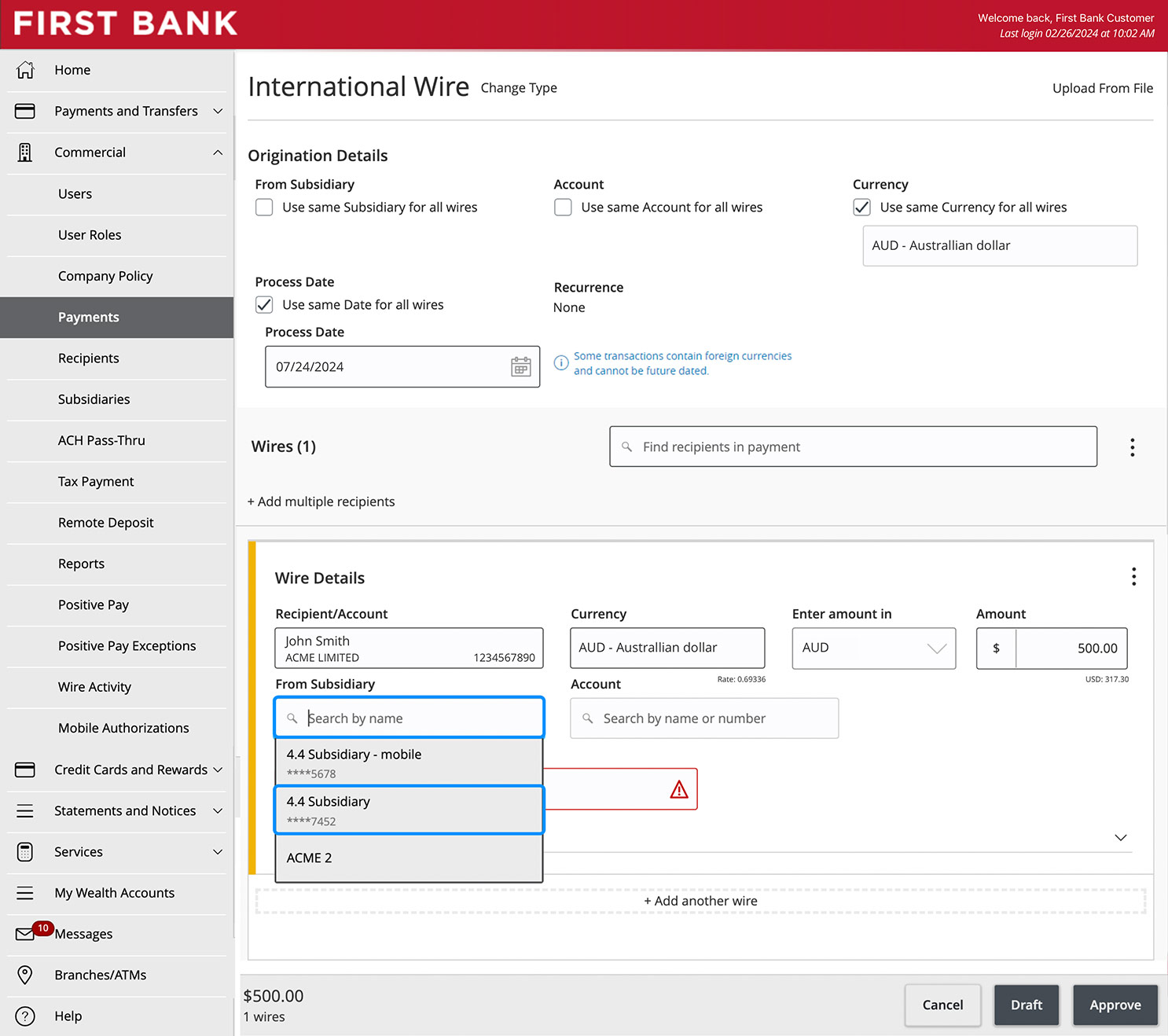 First Bank online banking screen showing the From Subsidiary field drop down.