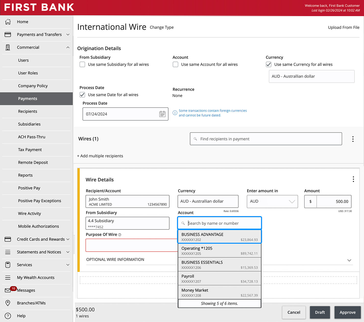 First Bank online banking screen showing the Account field drop down.