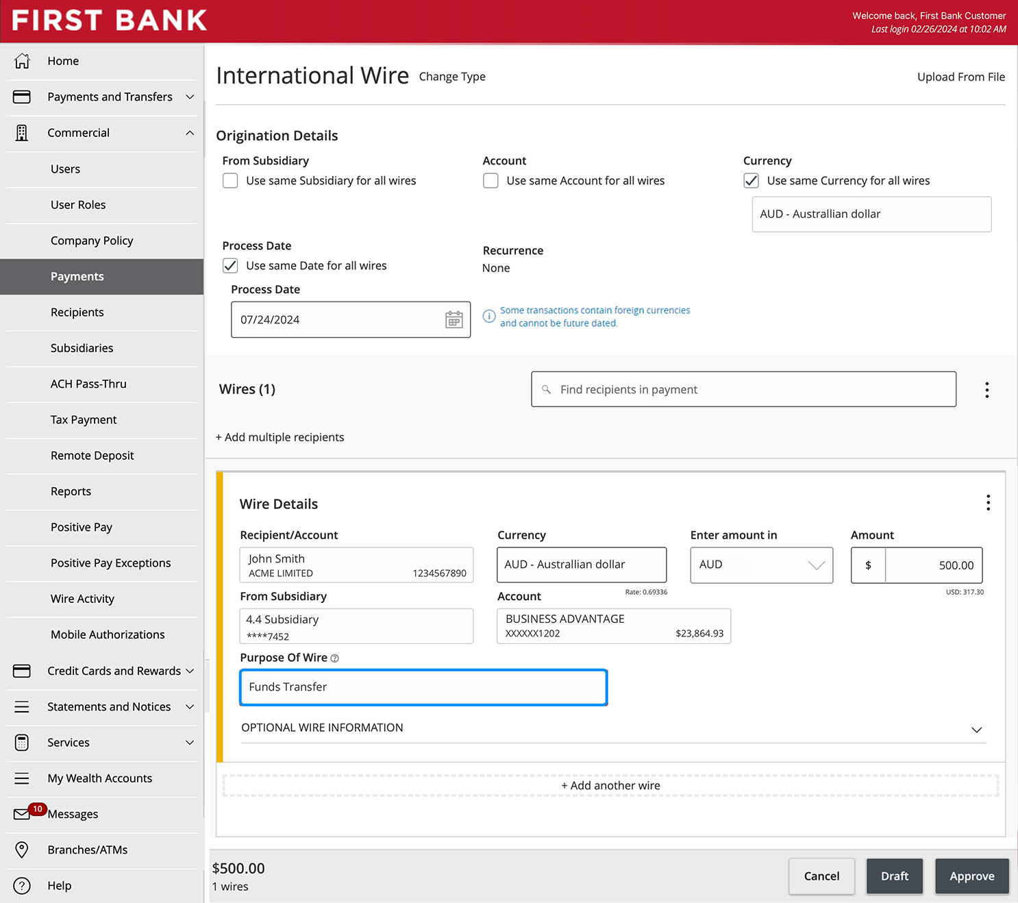 First Bank online banking screen highlighting the Purpose Of Wire field.