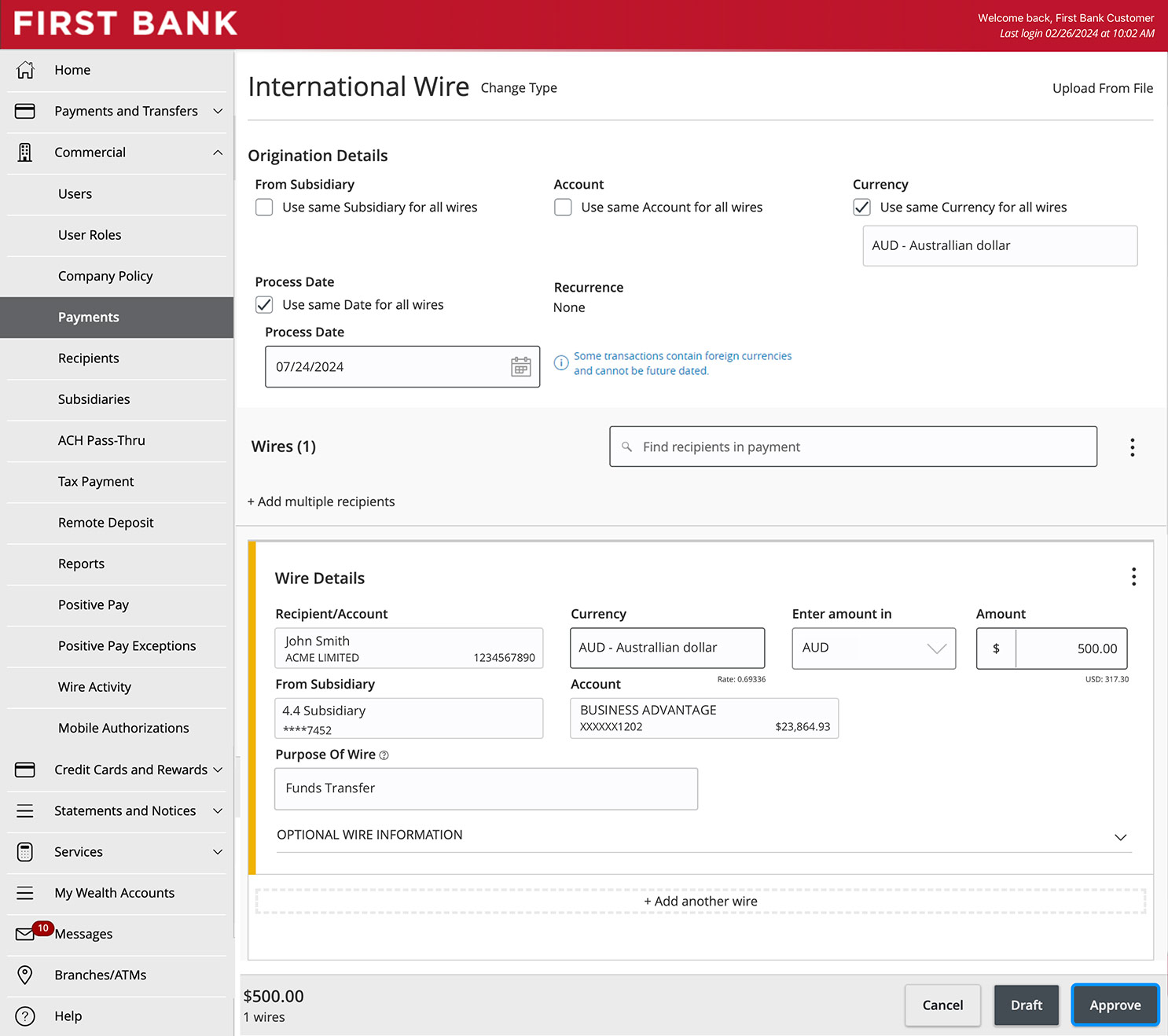 First Bank online banking screen highlighting the Approve button.