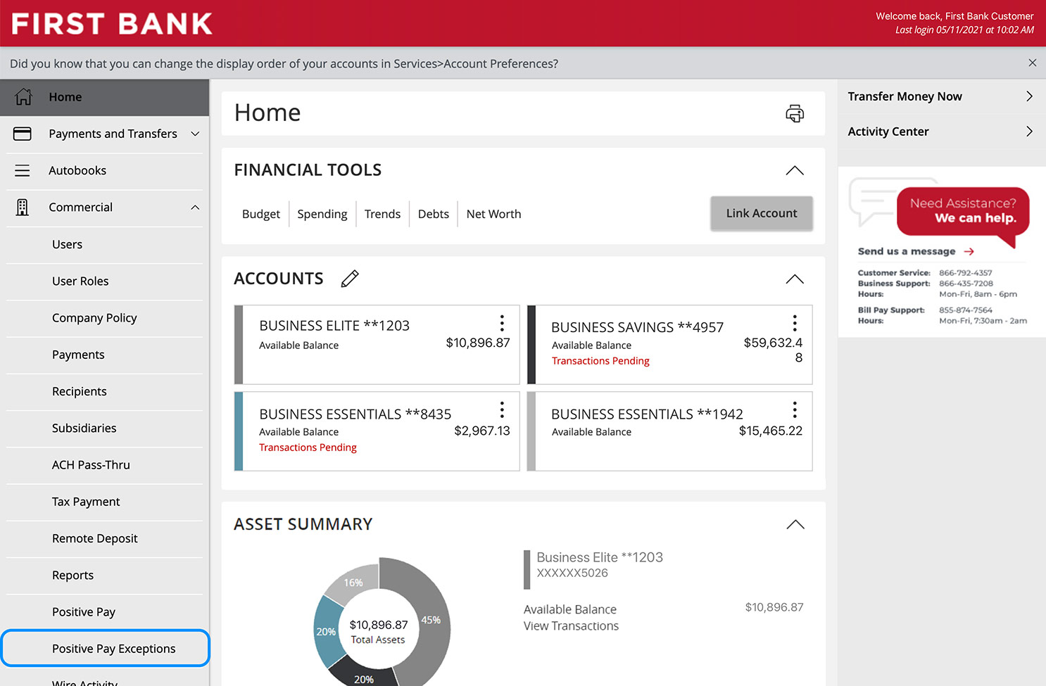 First Bank online banking screen highlighting the 