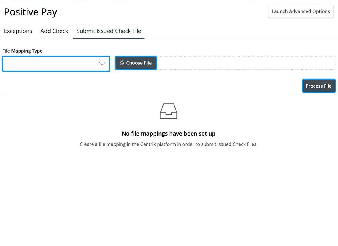 First Bank online banking screen showing the Submit Issued Check File screen.