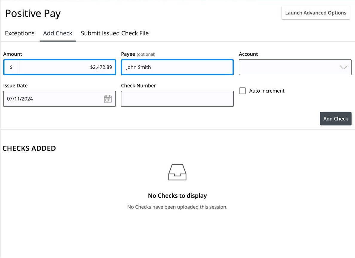 First Bank online banking screen highlighting the Amount and Payee fields in the Add Check screen.