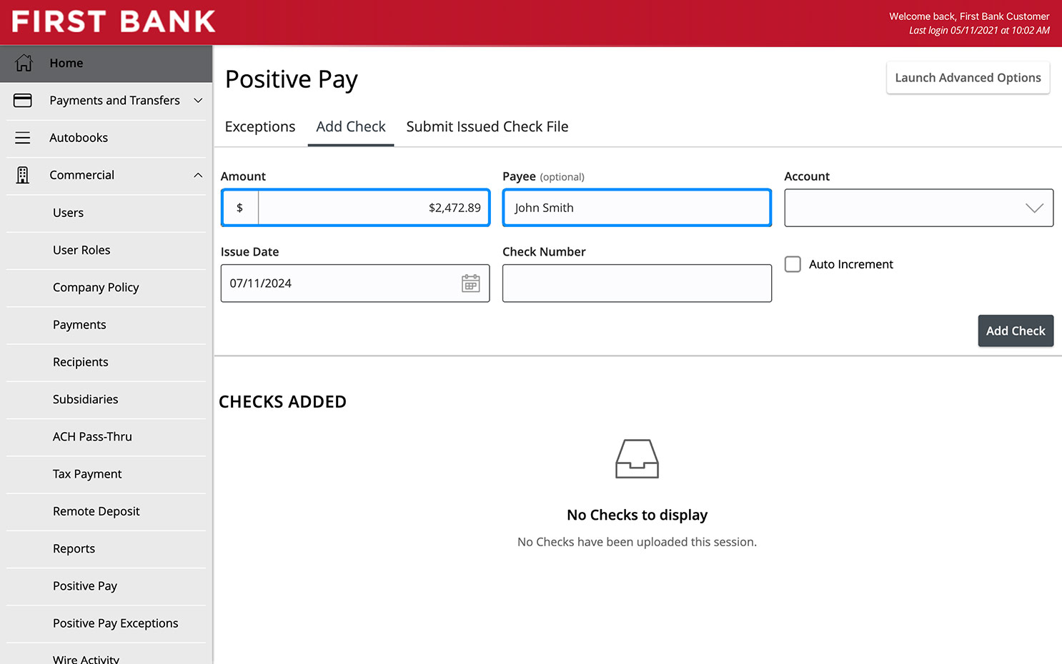 First Bank online banking screen highlighting the Amount and Payee fields in the Add Check screen.