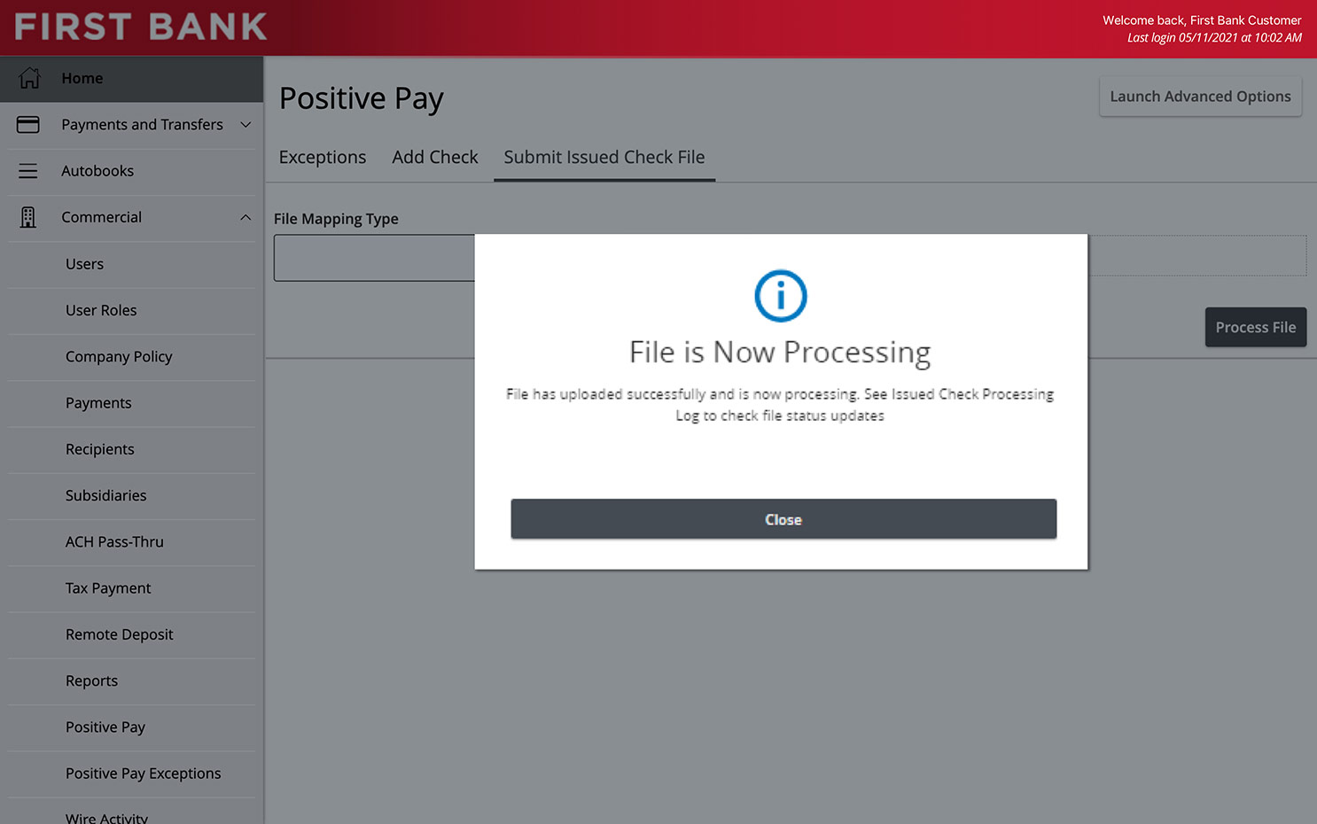 First Bank online banking screen showing the check file processing pop up.