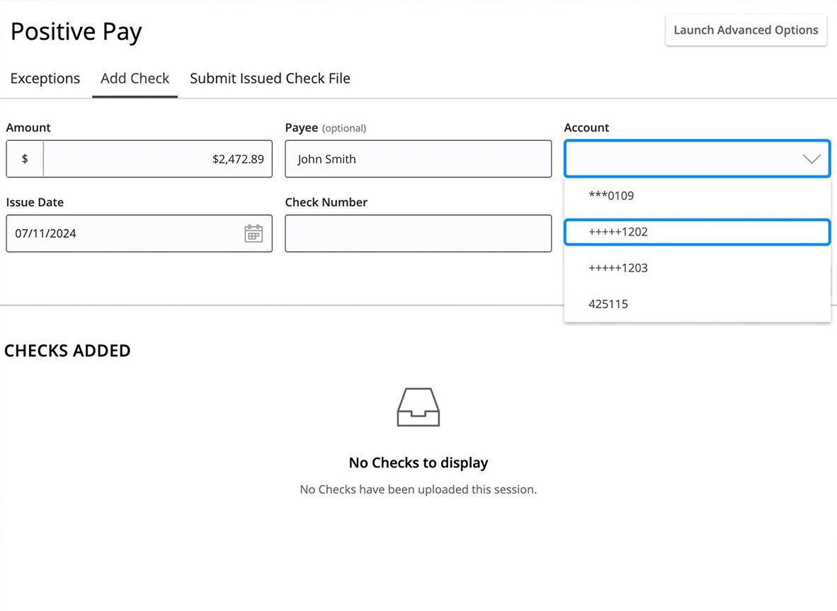First Bank online banking screen showing the account dropdown in the Add Check screen.
