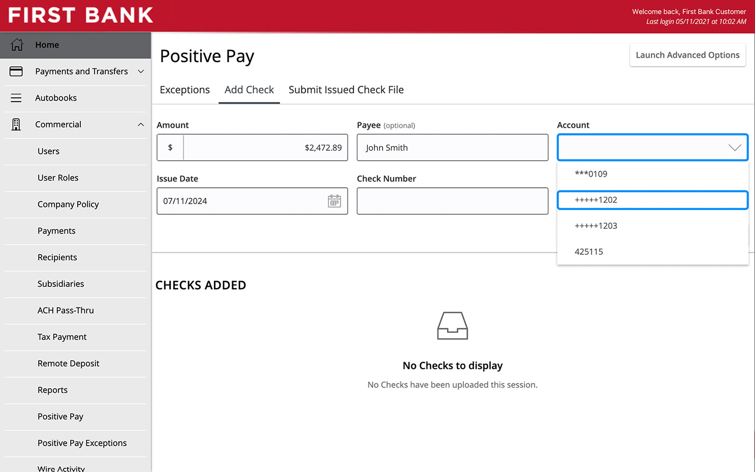 First Bank online banking screen showing the account dropdown in the Add Check screen.