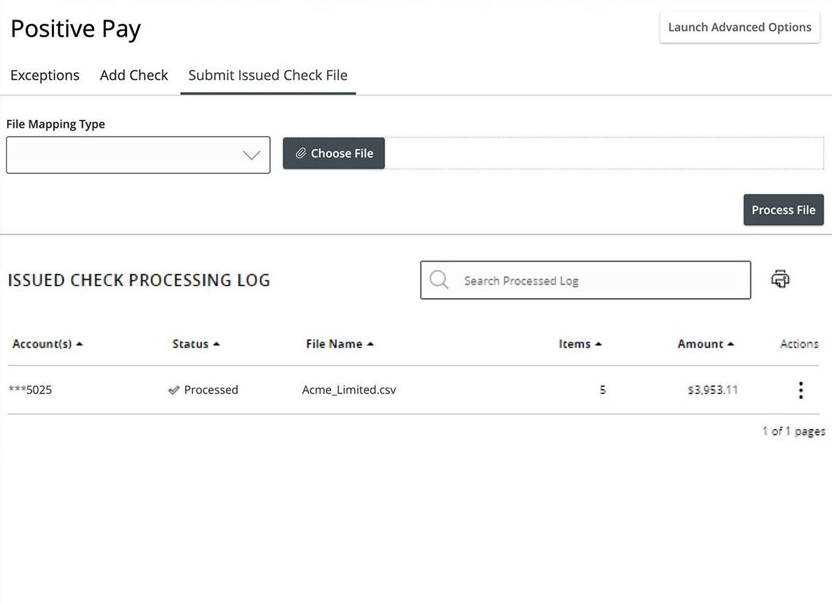 First Bank online banking screen showing the Submit Issued Check File screen with the processing log.