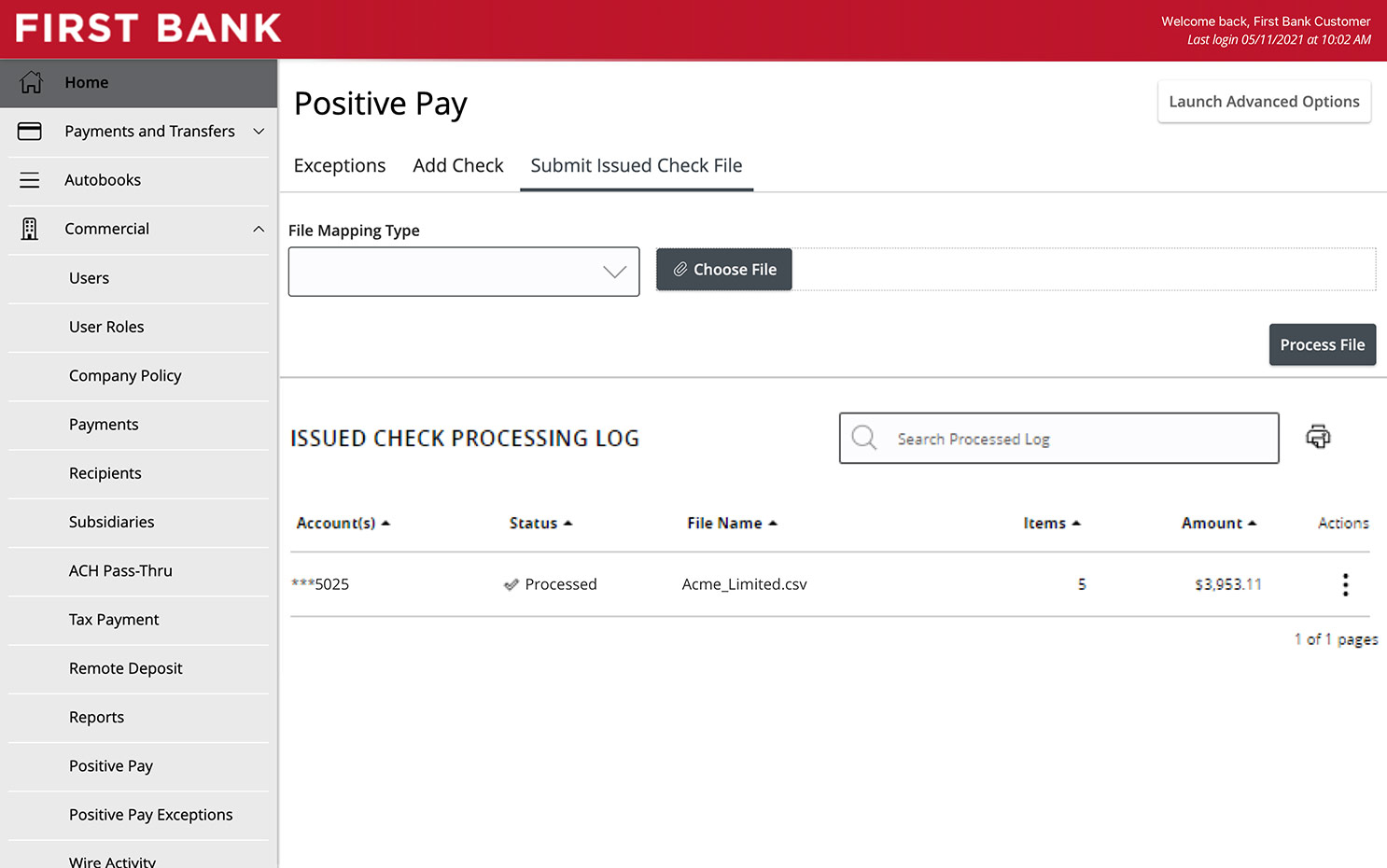 First Bank online banking screen showing the Submit Issued Check File screen with the processing log.