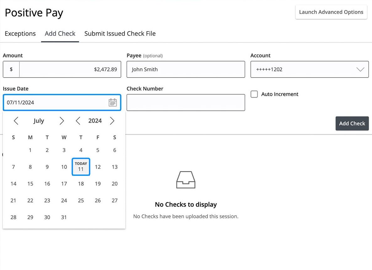 First Bank online banking screen showing the expanded Issue Date selector.