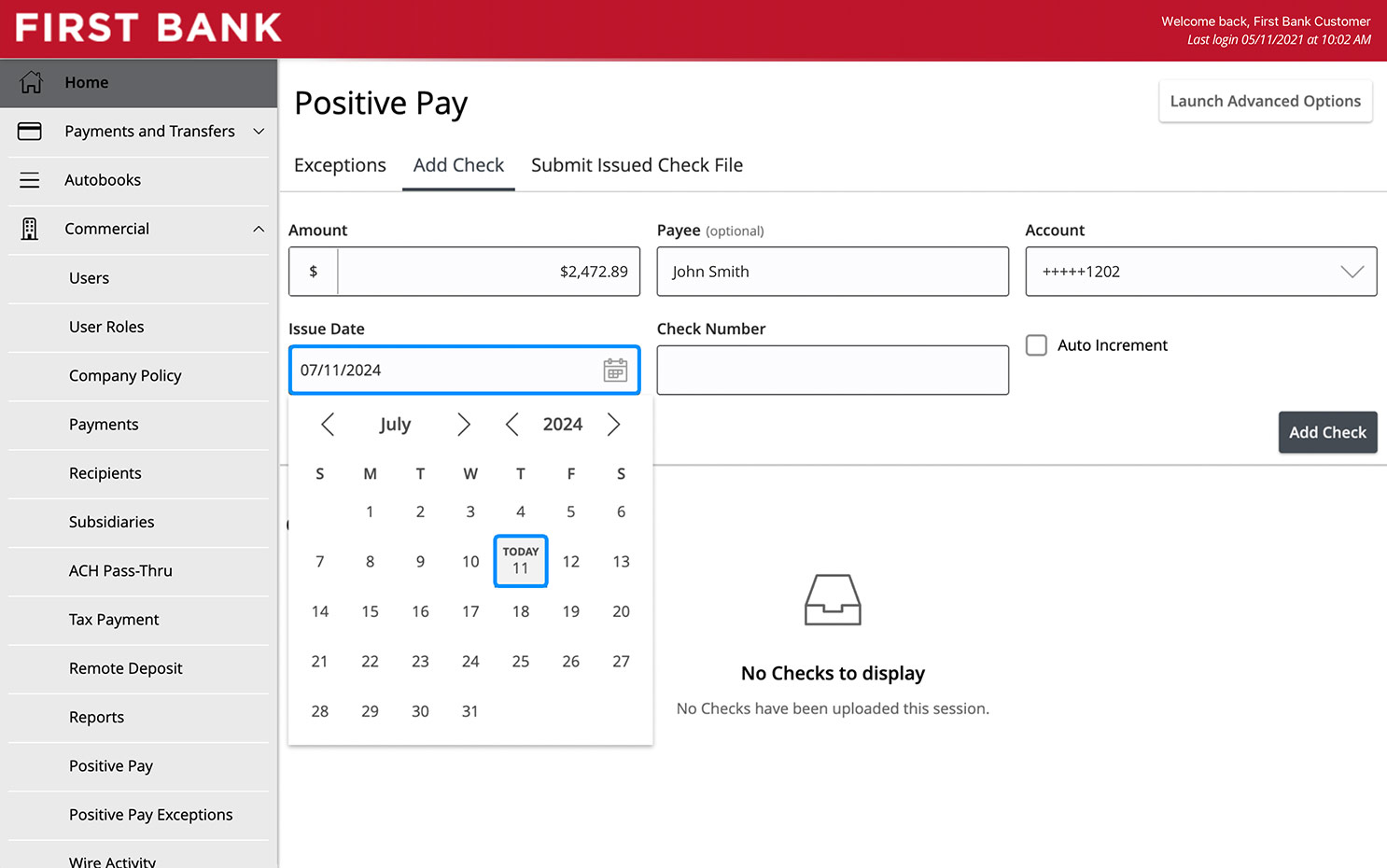 First Bank online banking screen showing the expanded Issue Date selector.