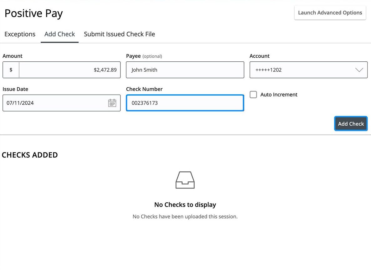 First Bank online banking screen highlighting the check number field.