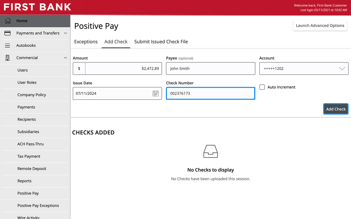 First Bank online banking screen highlighting the check number field.