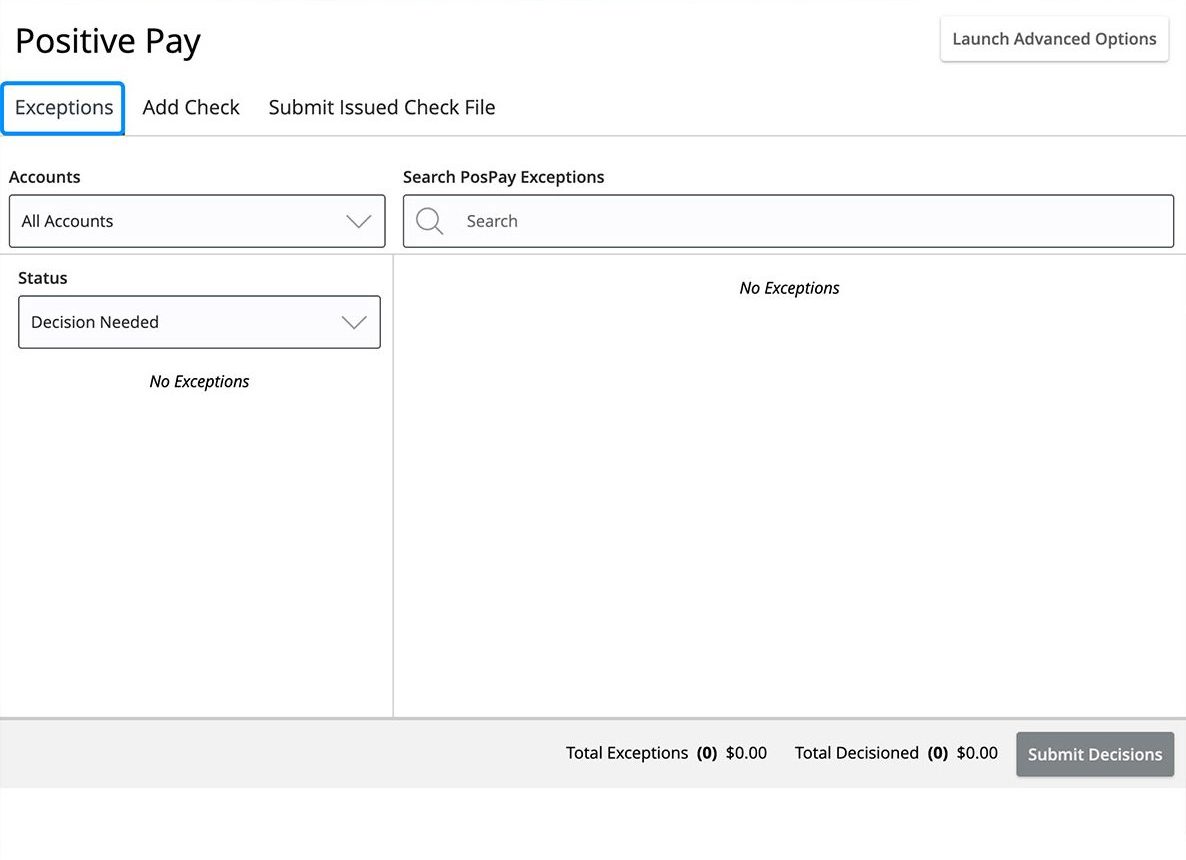 First Bank online banking screen highlighting the Exceptions tab.
