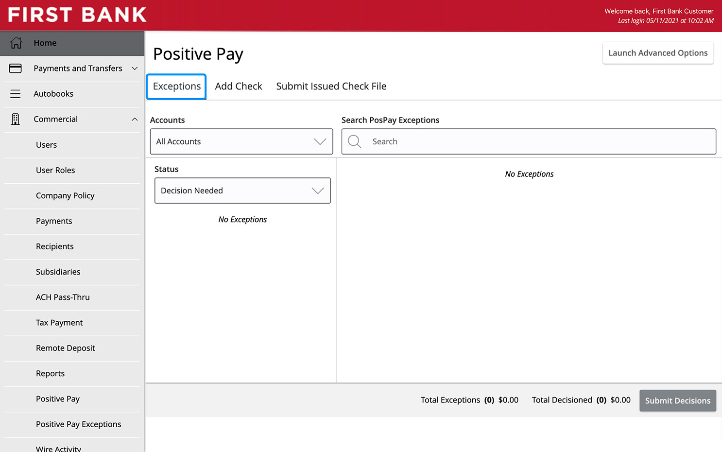 First Bank online banking screen highlighting the Exceptions tab.