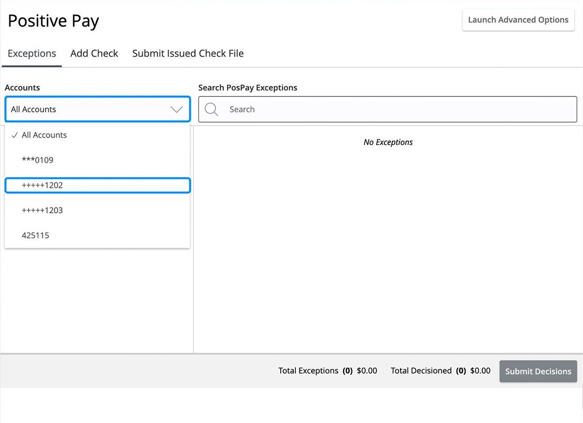 First Bank online banking screen showing the Accounts dropdown in the exceptions tab.