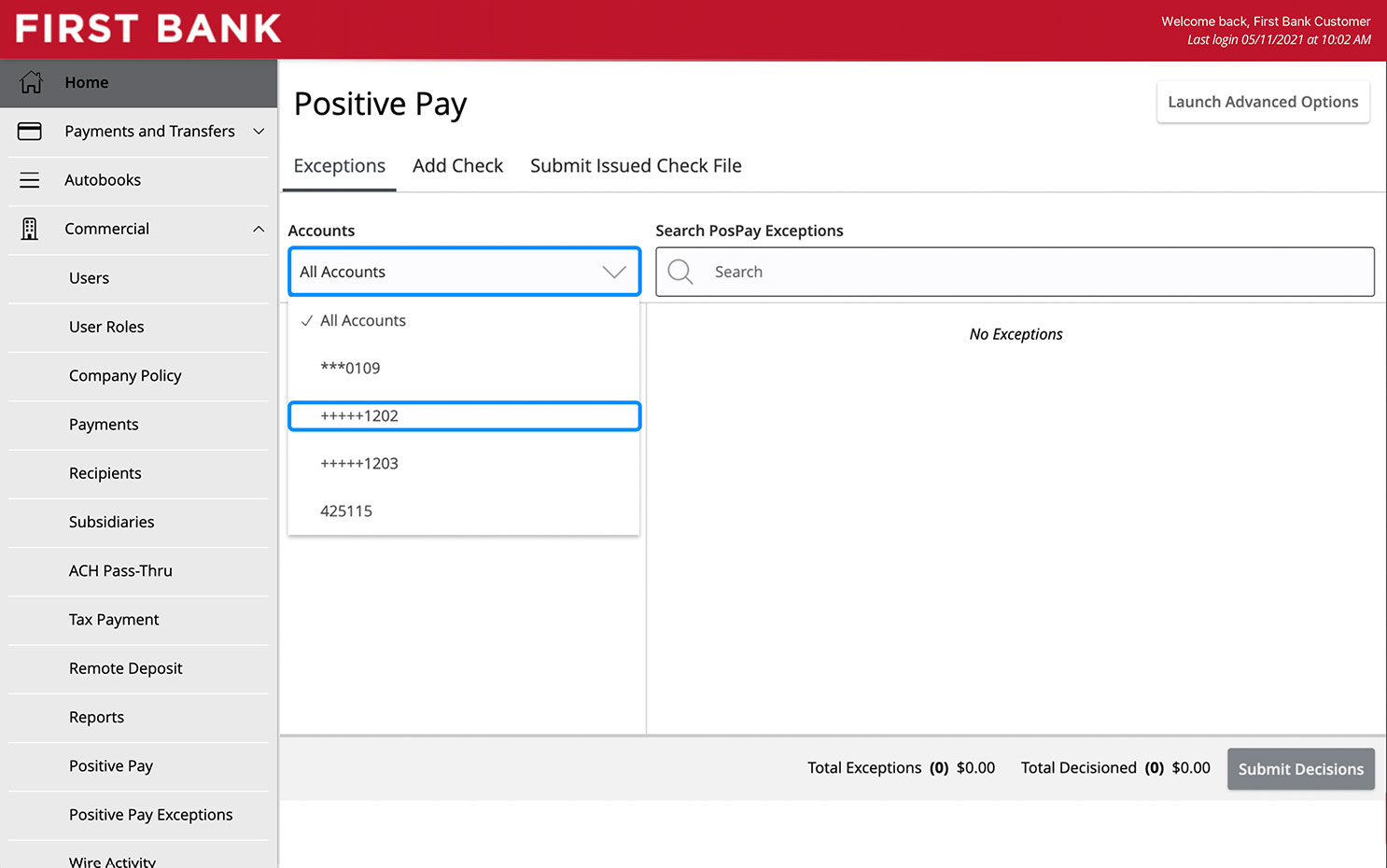 First Bank online banking screen showing the Accounts dropdown in the exceptions tab.