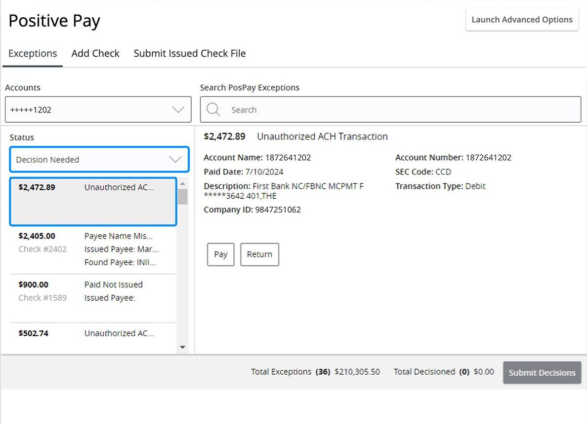 First Bank online banking screen showing the Decision Needed area of the Exceptions screen.