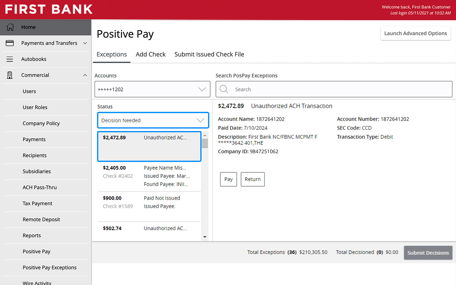 First Bank online banking screen showing the Decision Needed area of the Exceptions screen.