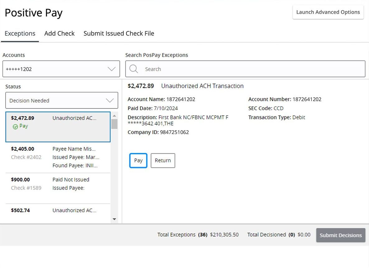 First Bank online banking screen highlighting the 