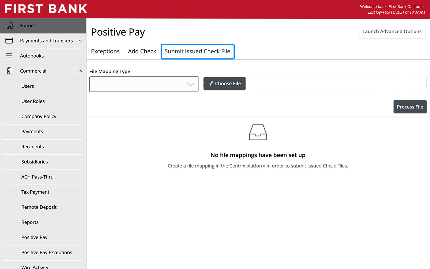 First Bank online banking screen highlighting the Submit Issued Check File tab.