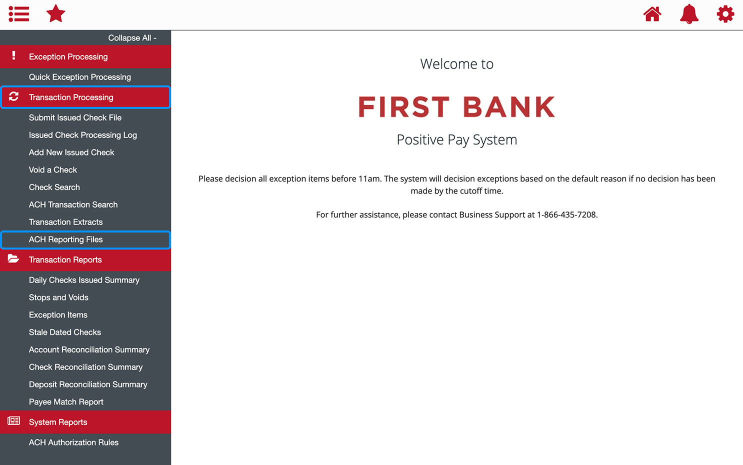 First Bank online banking screen showing the Positive Pay welcome screen.