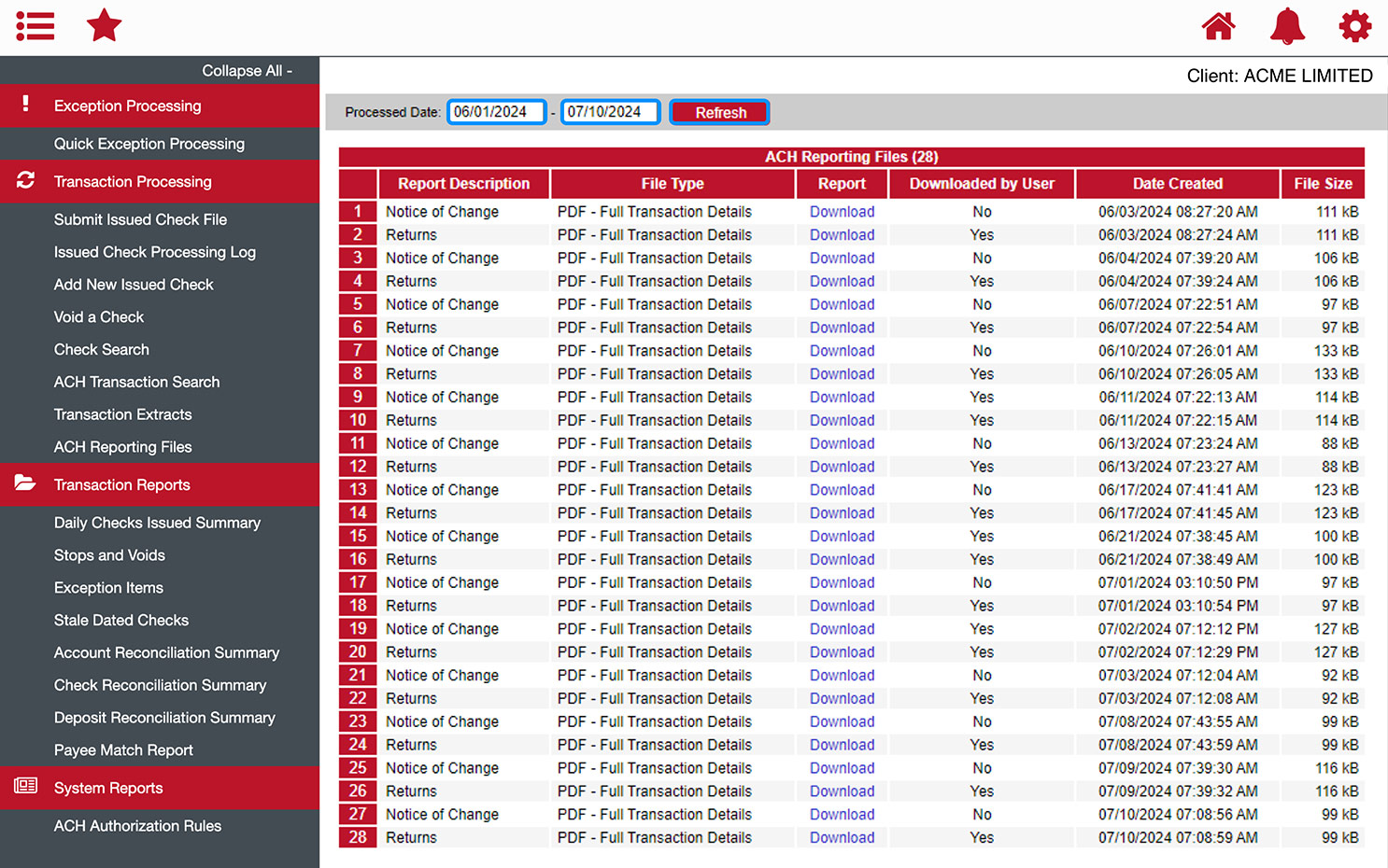 First Bank online banking screen highlighting the date range filter fields.