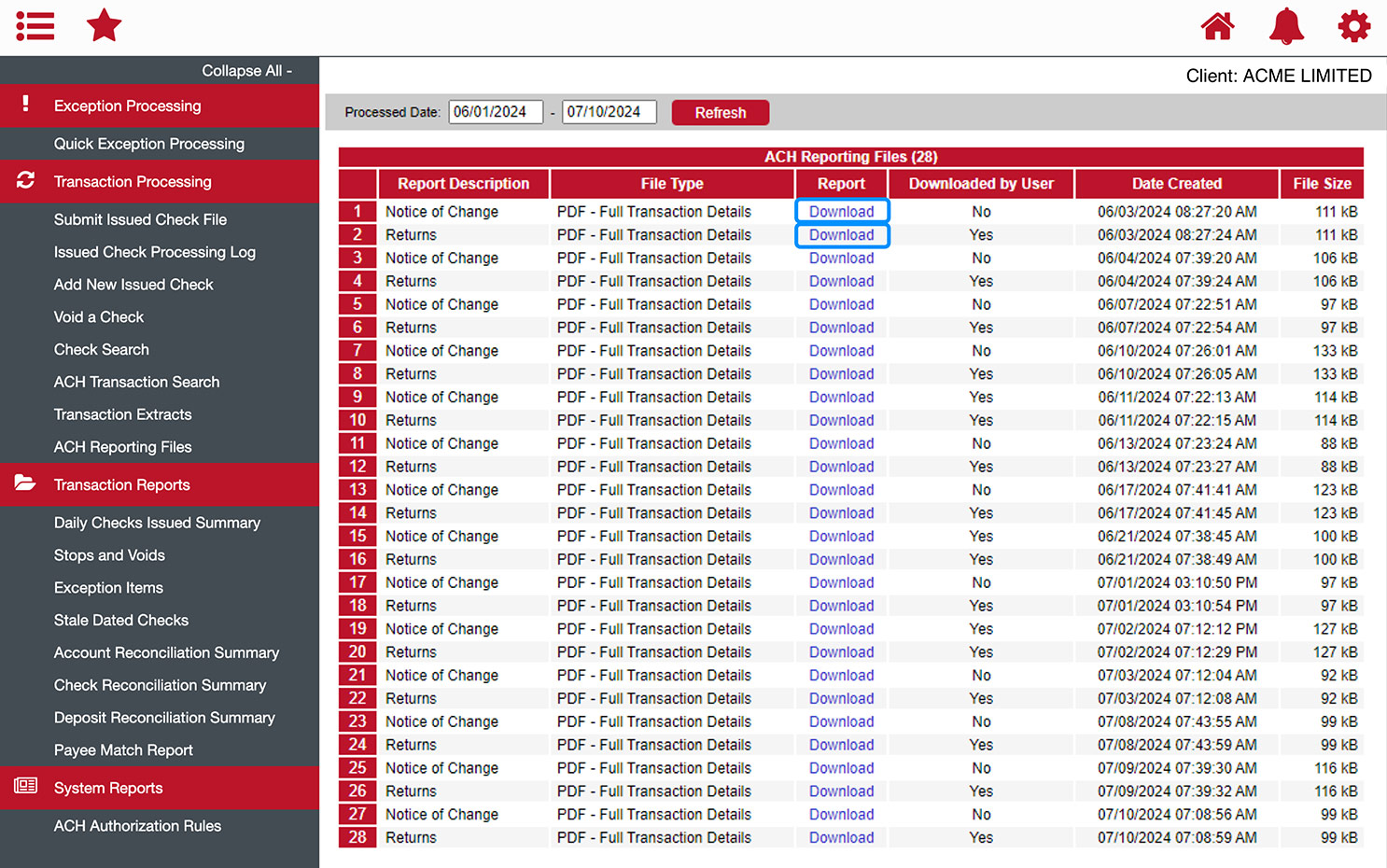 First Bank online banking screen showing a list of ACH transaction reports.