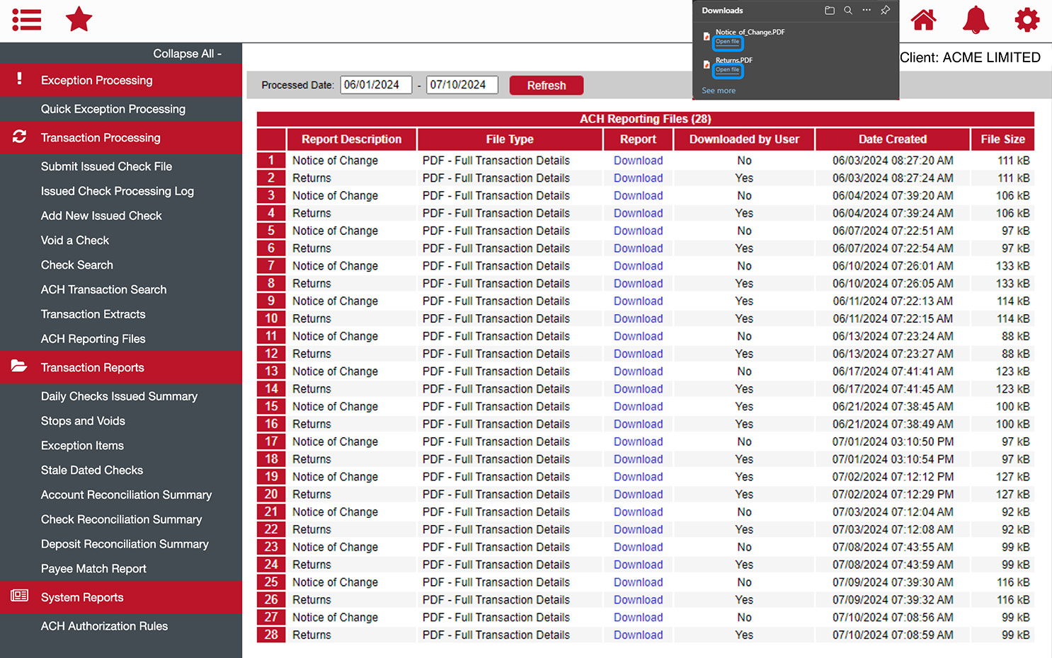 First Bank online banking screen showing a list of ACH transaction reports and the browser's option to view the downloaded files.