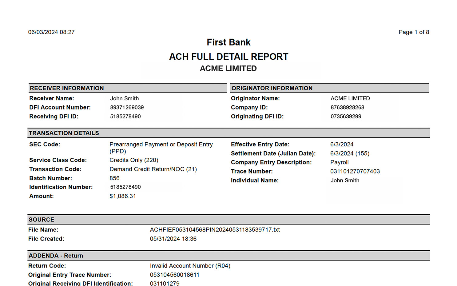 Screenshot of a ACH Report PDF