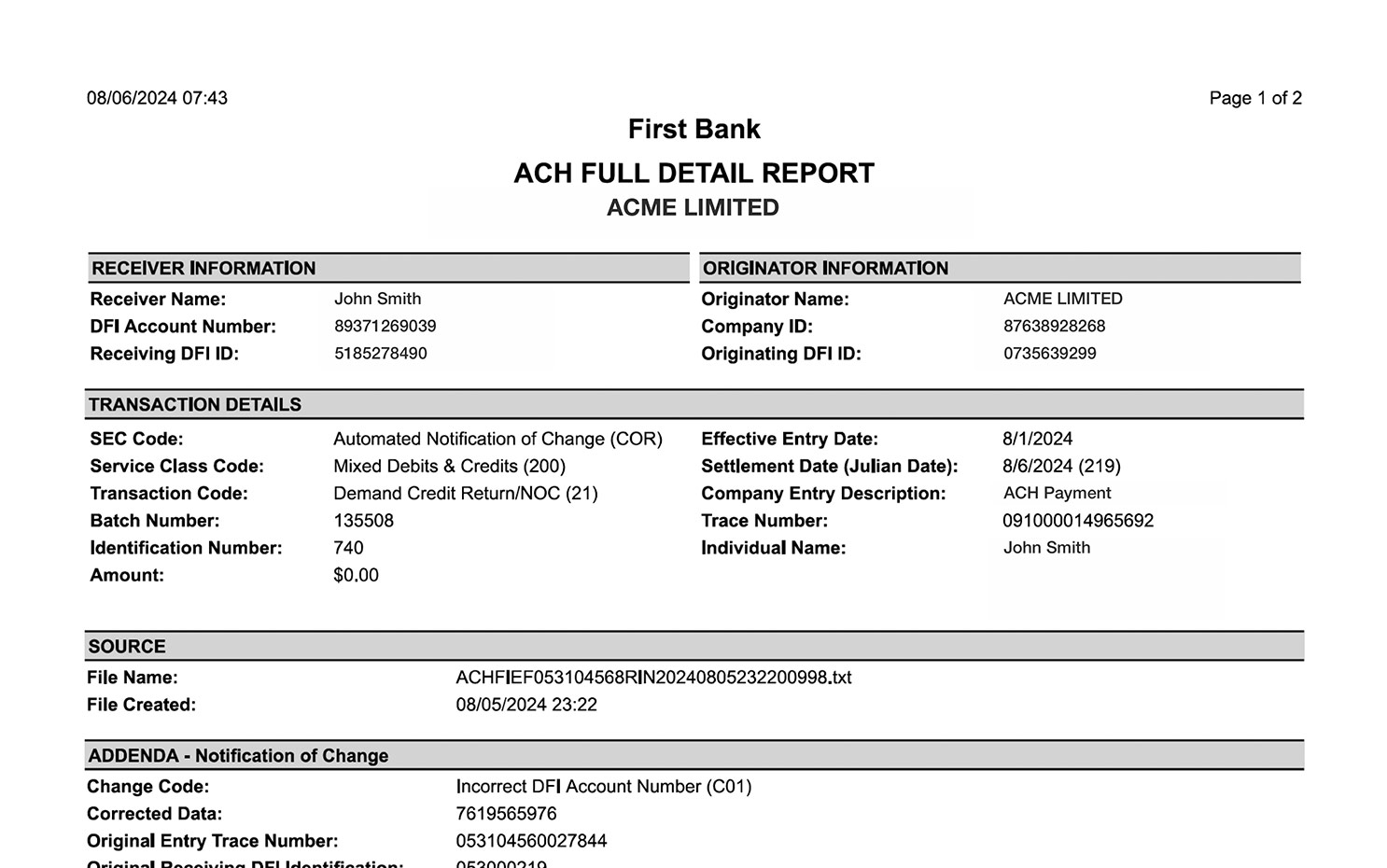 Screenshot of a ACH Report PDF