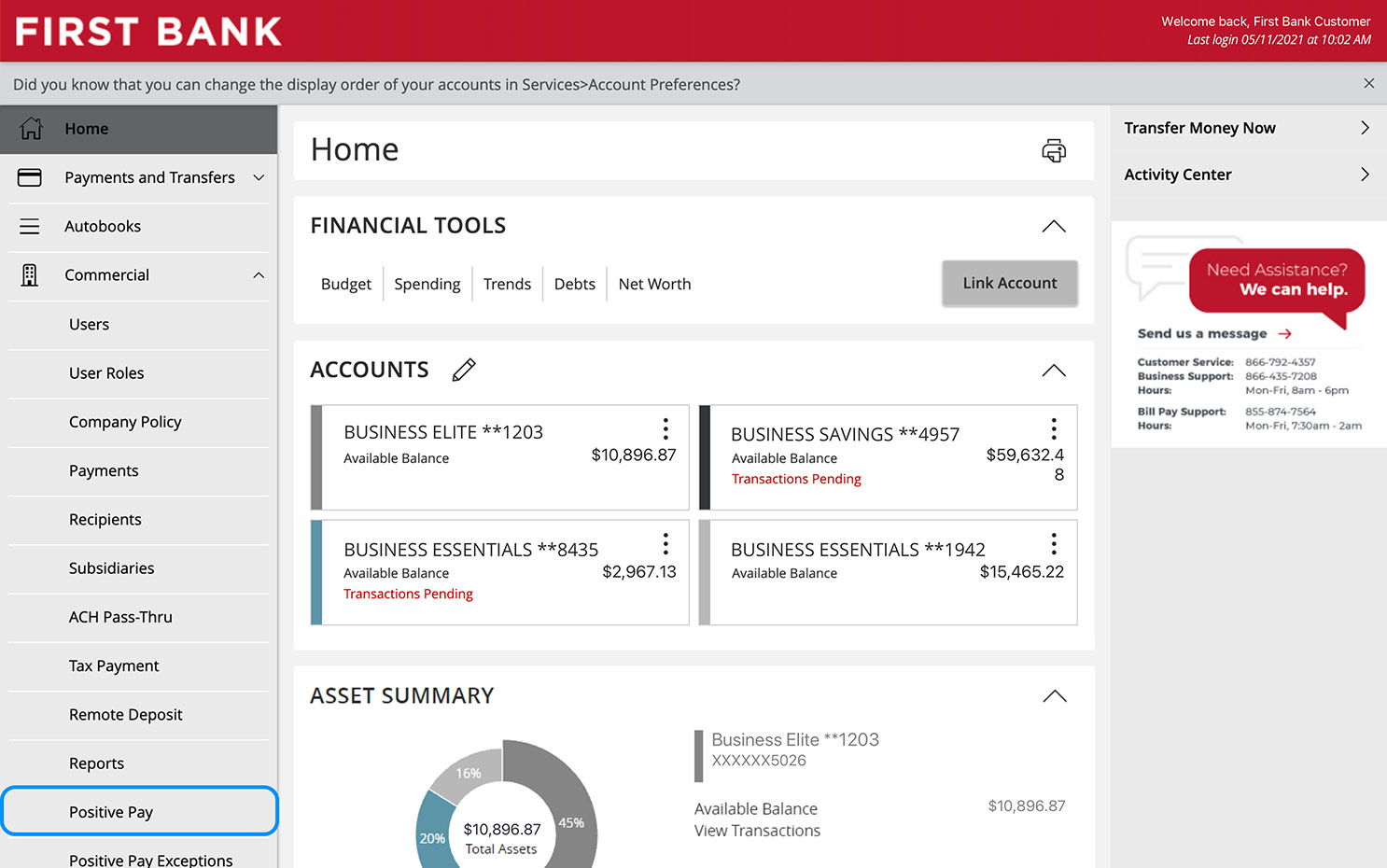 First Bank online banking screen highlighting the Positive Pay menu item.