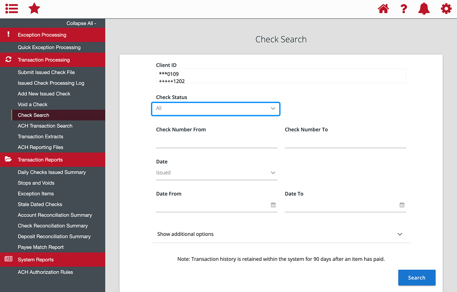 First Bank online banking screen highlighting the Check Status field.