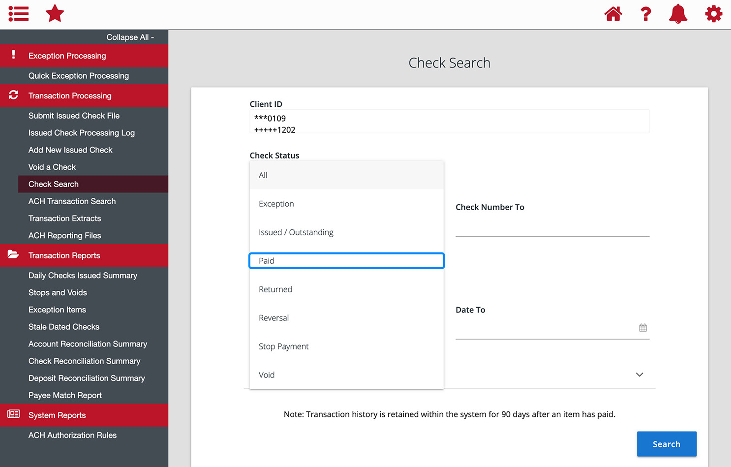 First Bank online banking screen showing the Check Status dropdown with Paid highlighted.