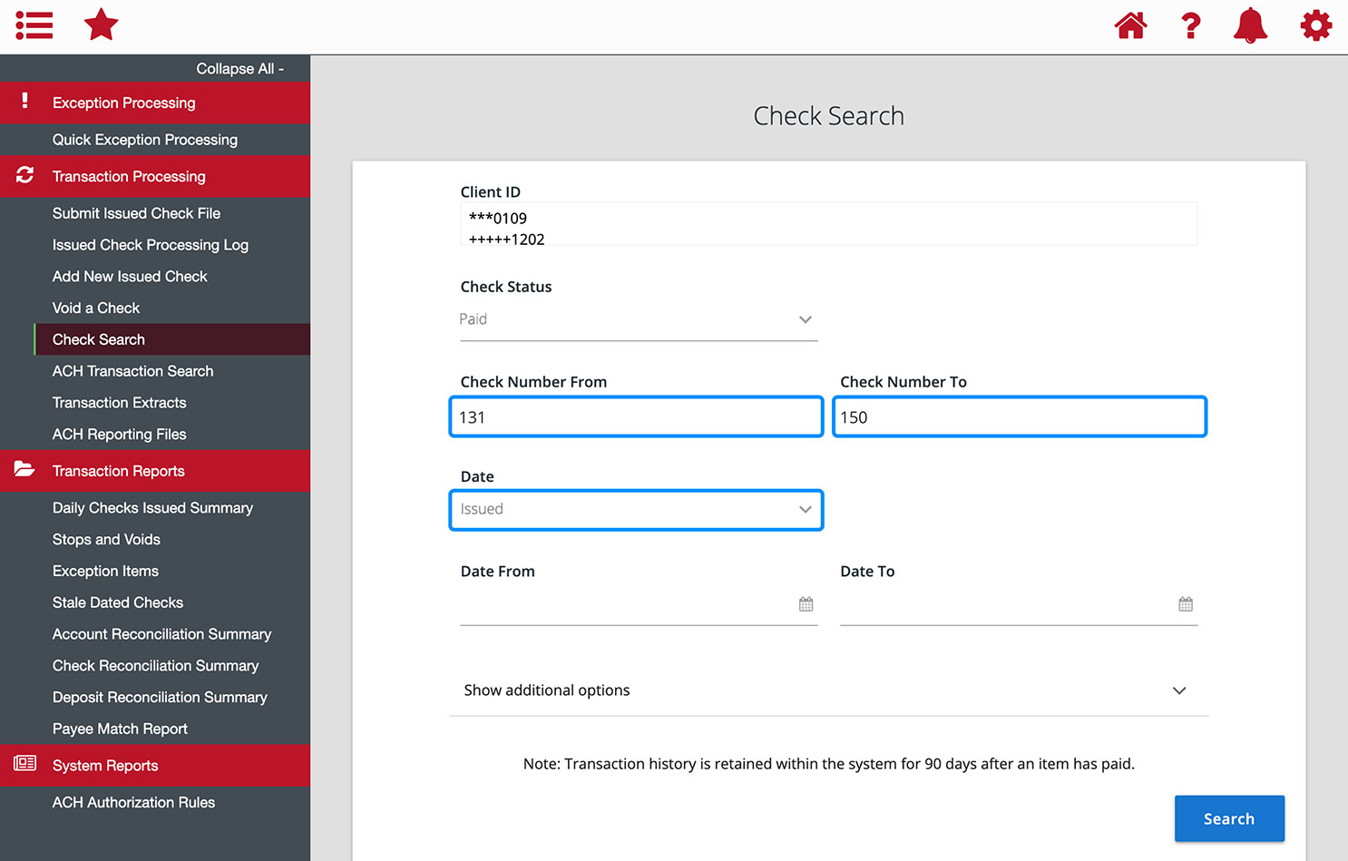 First Bank online banking screen highlighting the Check Number From, Check Number To, and Date fields.