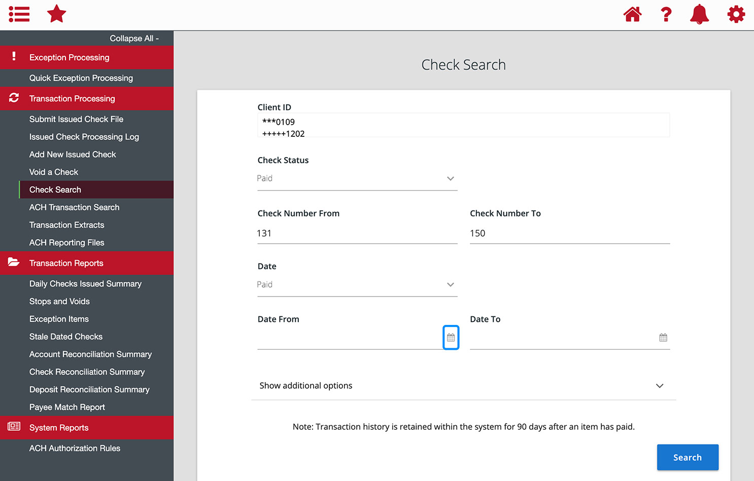 First Bank online banking screen highlighting the Date From field.