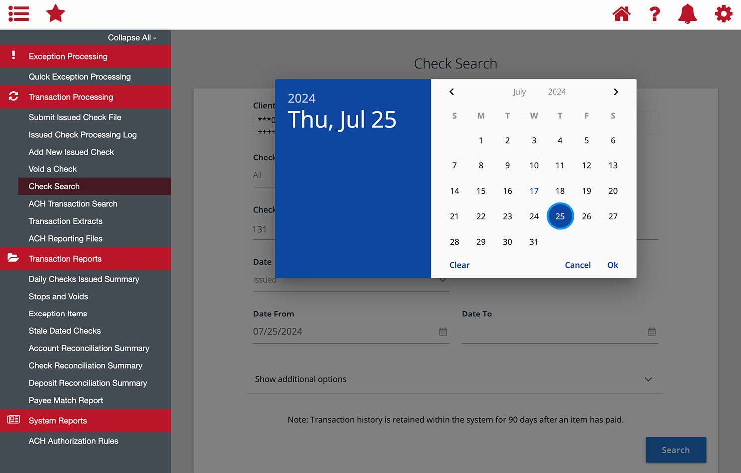 First Bank online banking screen showing the date picker interface.