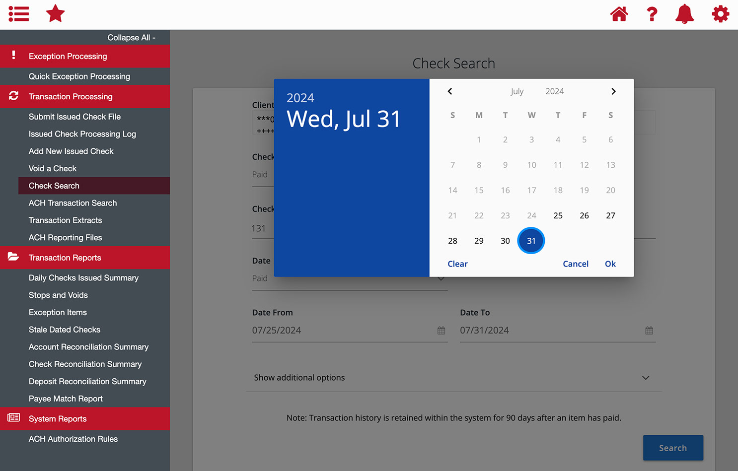 First Bank online banking screen showing the date picker interface.