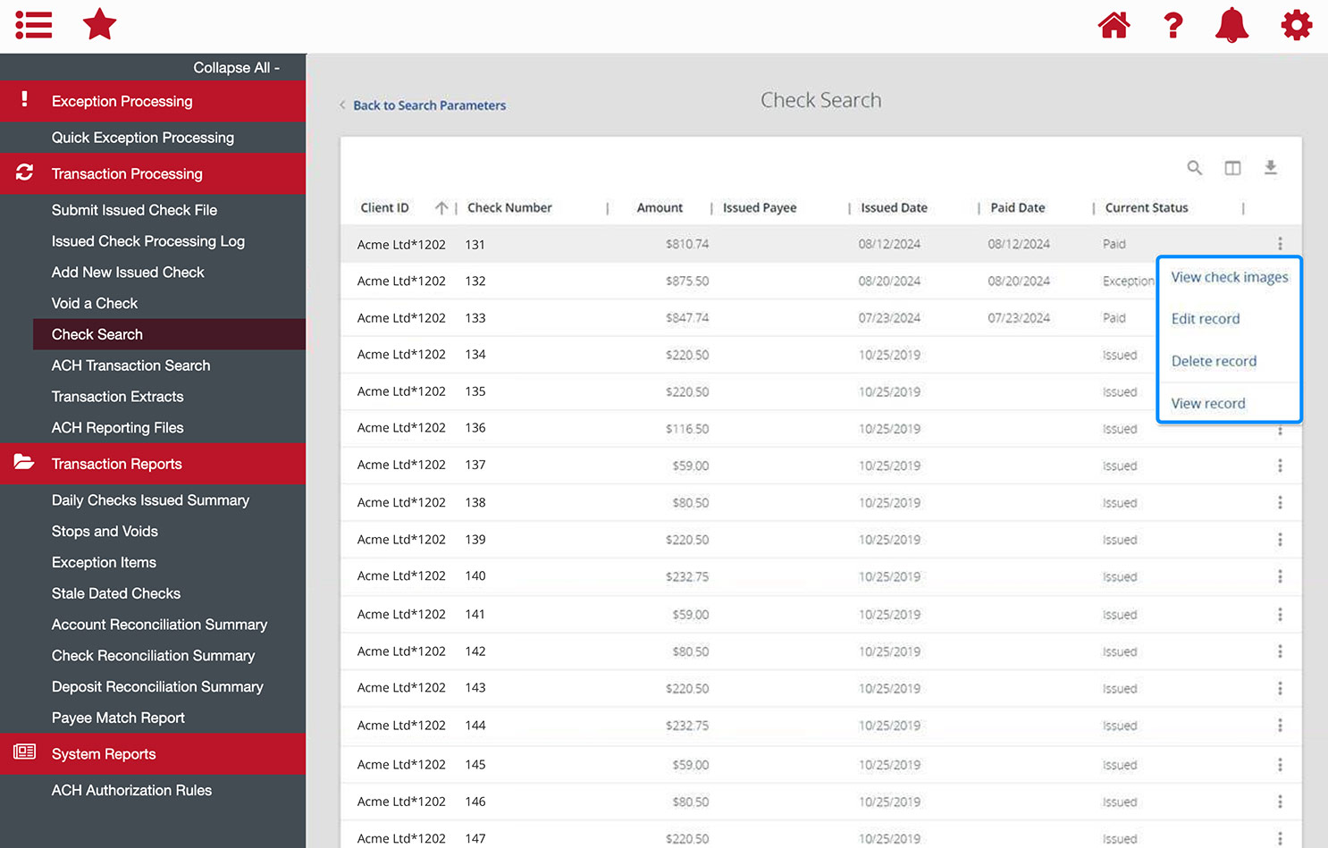 First Bank online banking screen showing the options from picking the option dots.